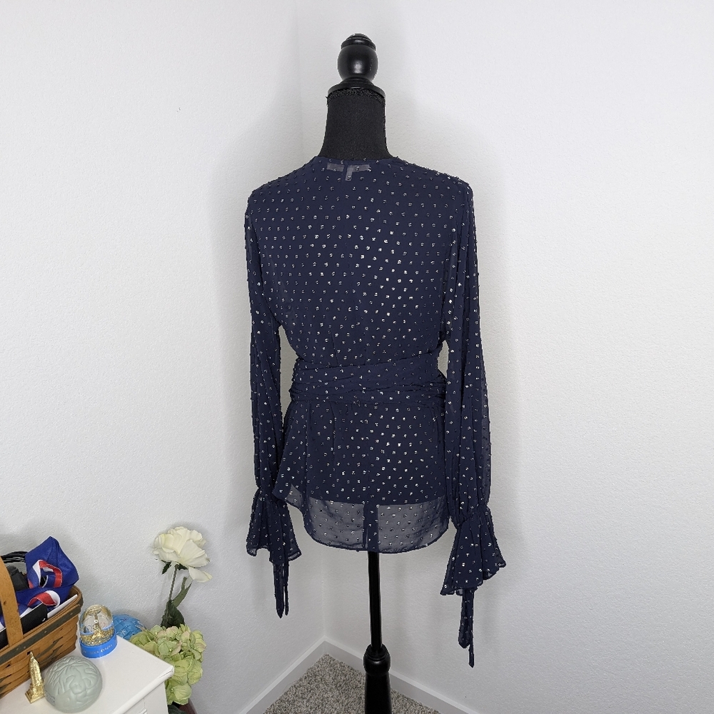 💘 Jonathan Simkhai Metallic Wrap Blouse in Midnight Blue XS ASO Sunny Hostin - Picture 7 of 10